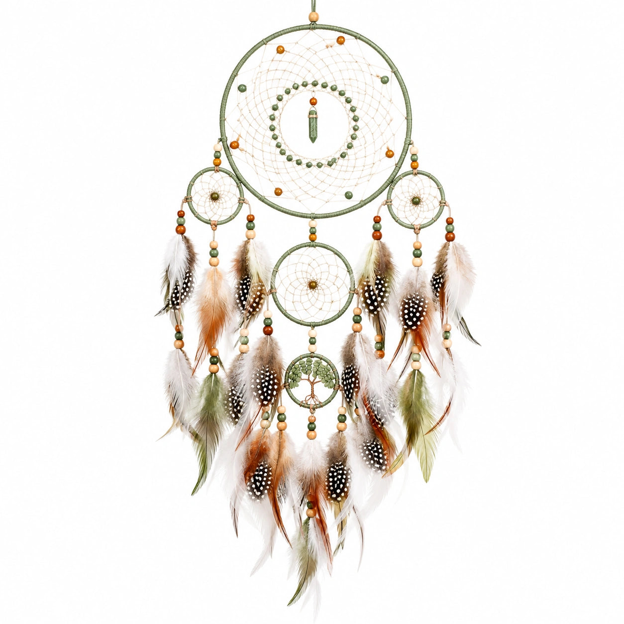 Attrape-rêves suspendu 35 x 90 cm en plumes turquoise blanc beige style bohème