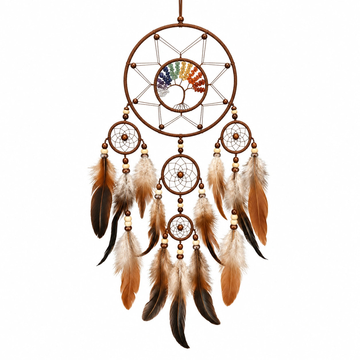 Attrape-rêves 30 x 85 cm en fibres et plumes turquoise blanc suspension décorative tressée