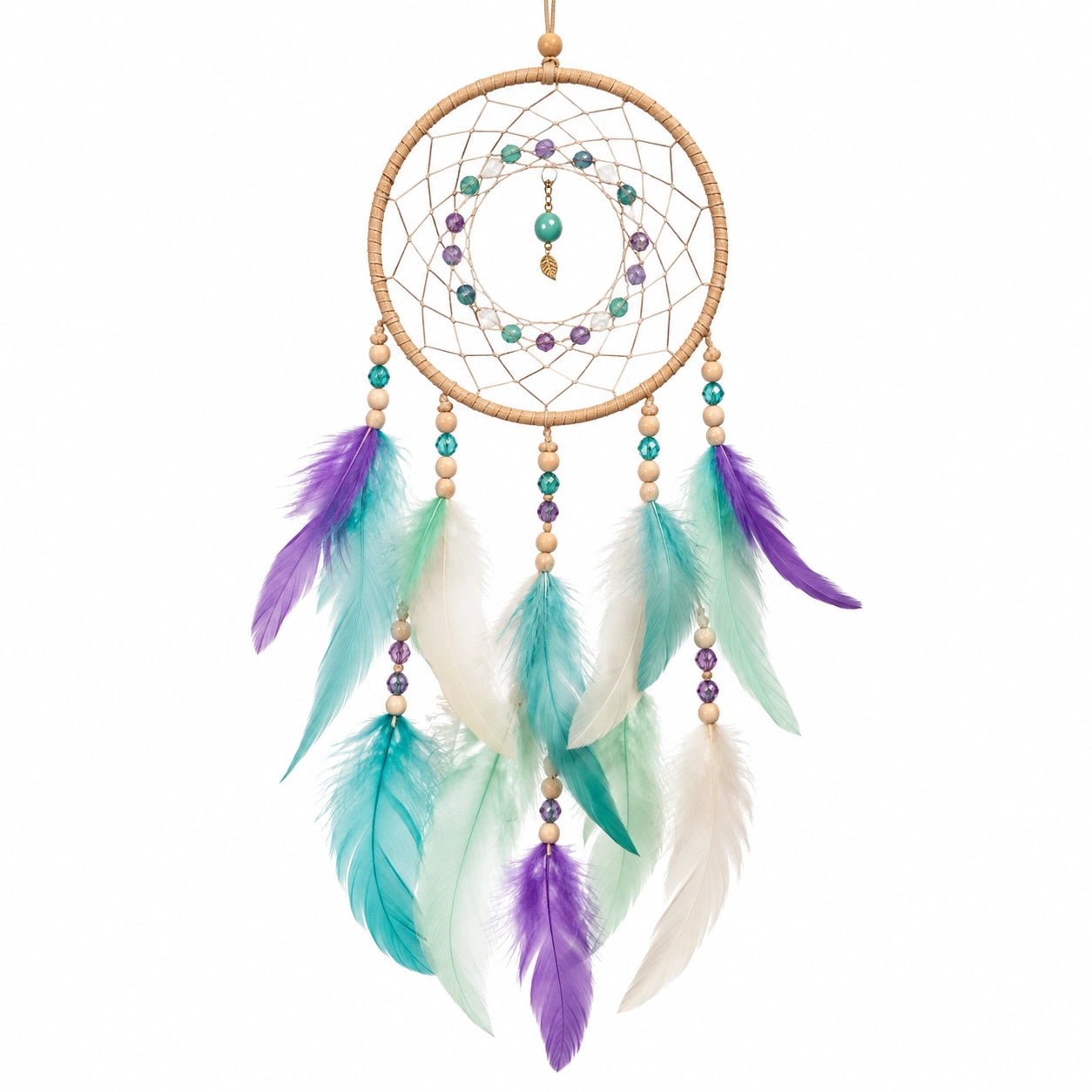 Attrape-rêves suspendu 30 x 75 cm en corde beige avec plumes bleu clair style bohème