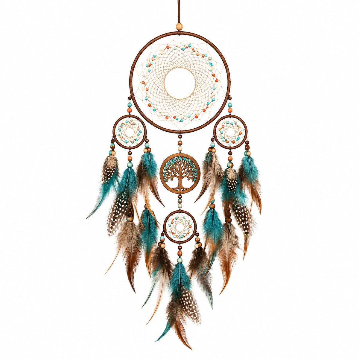 Attrape-rêves 30 x 75 cm en fil textile bleu blanc et beige avec plumes décoration murale suspendue