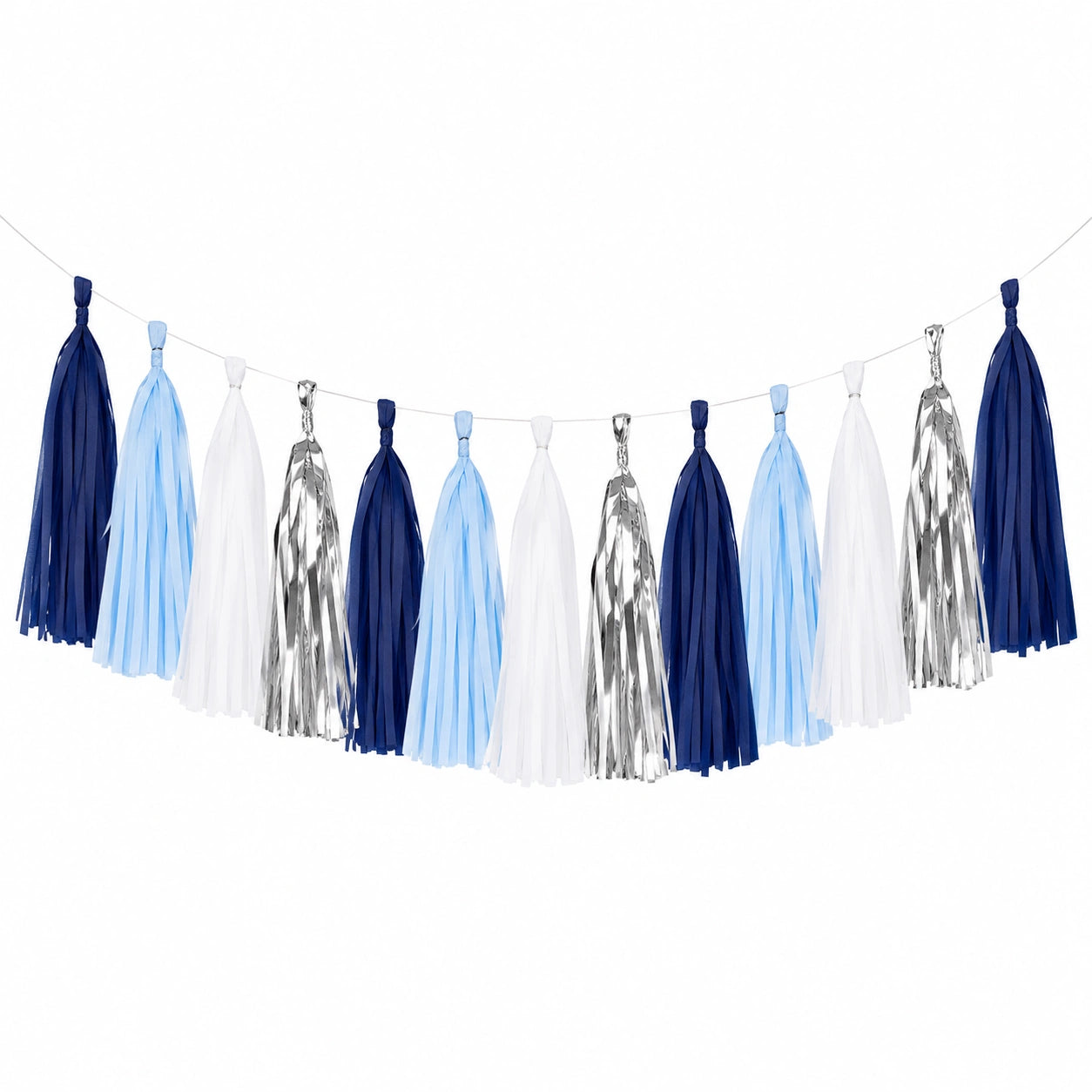 Guirlande à pompons 180 x 35 cm en papier bleu marine bleu clair argenté décoration suspendue