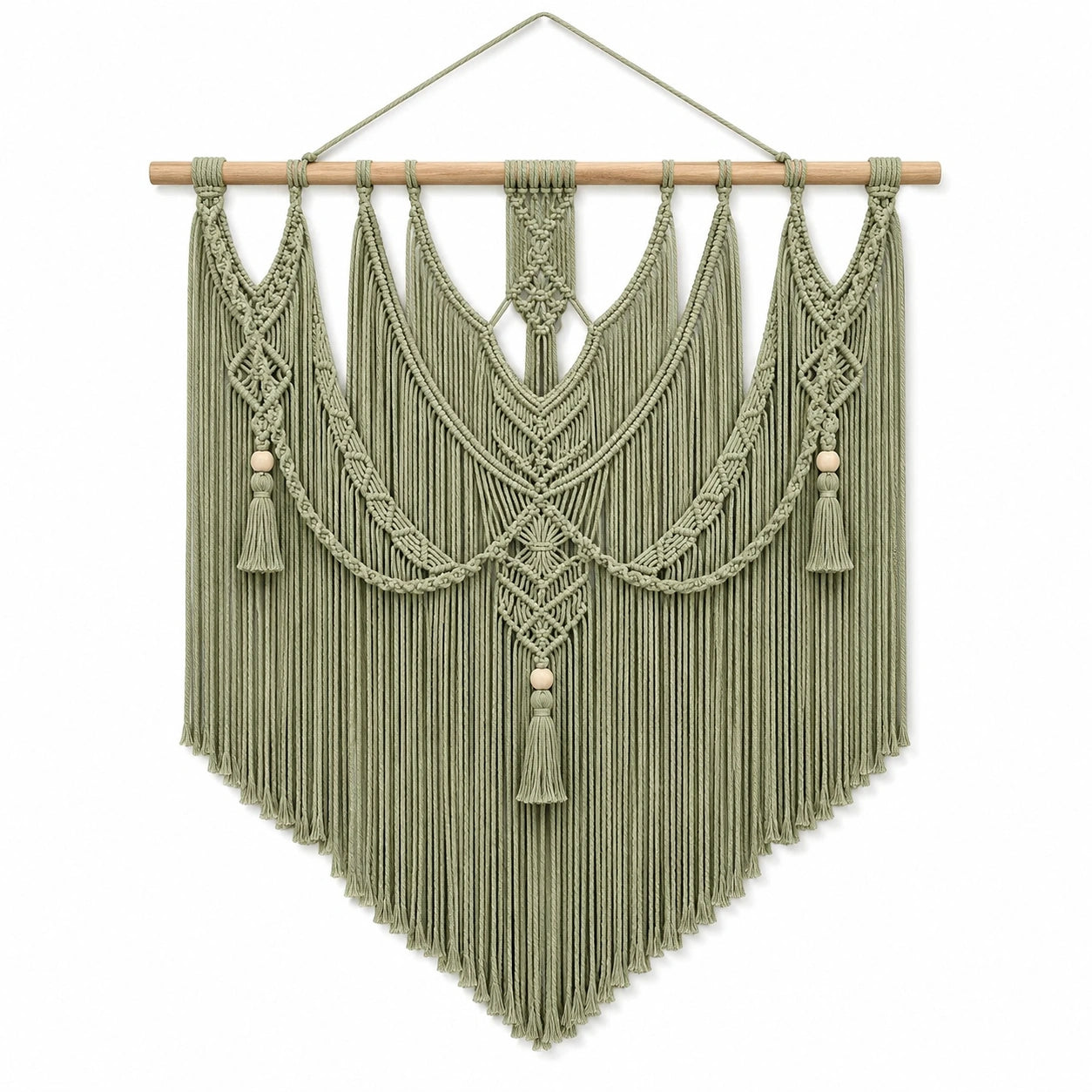 Tenture murale 120 x 100 cm en coton beige vert sauge et brun style bohème à franges