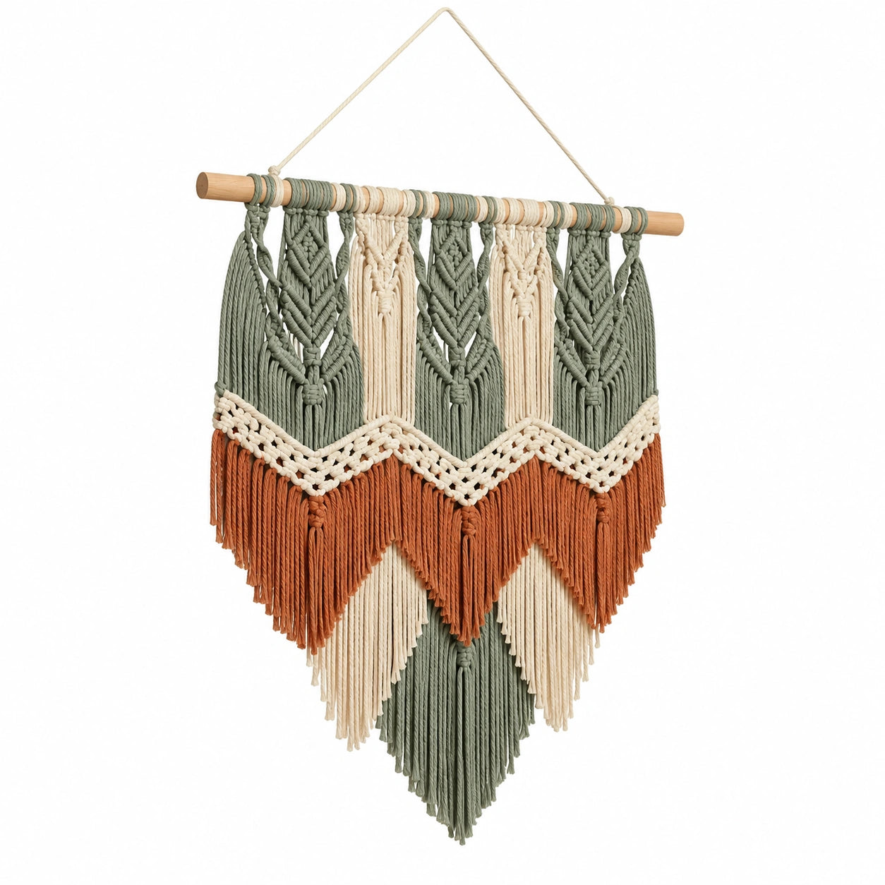 Décoration murale en macramé 50 x 100 cm coton vert sauge avec franges style bohème