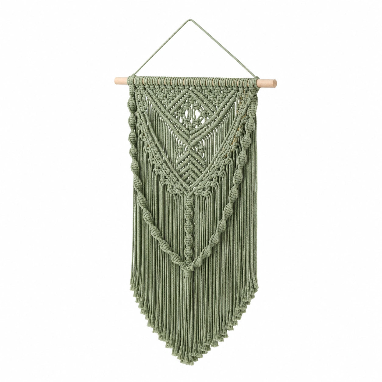 Tenture murale macramé 110 x 90 cm en fibres textiles beige et vert style bohème